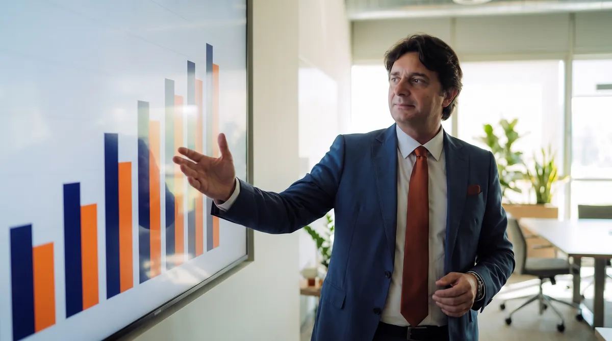 Alfredo Cerabino davanti a uno schermo con i grafici di un’impresa